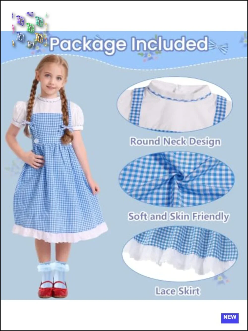 Girls Princess Halloween Costume Set with Headpiece and Socks, Blue Dress